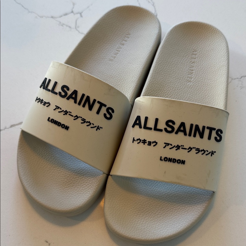 All Saints White and Black Logo Slide Sandals